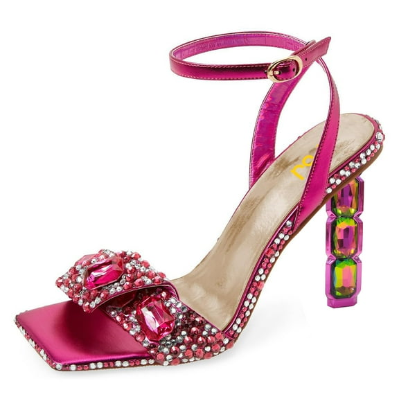 FSJ Women Diamond Heel Sandals Square Open Toe Ankle Strap Jewel High Heel Sandals Party Shoes Size 9 Fuchsia