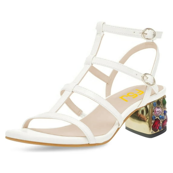 FSJ Women Double Buckle Open Square Toe Sandals Cross Strap Gemstone Mid Chunky Heels Fashion Work Evening Date Shoes Size 12 White