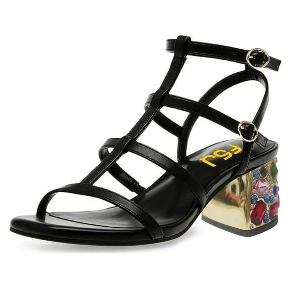 FSJ Women Double Buckle Open Square Toe Sandals Cross Strap Gemstone Mid Chunky Heels Fashion Work Evening Date Shoes Size 6.5 Black