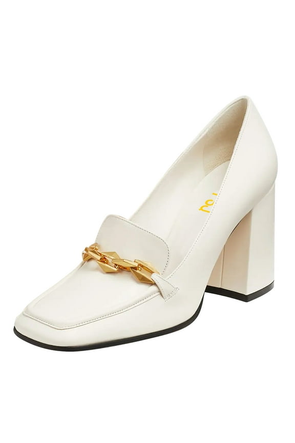 Women Dress Square Closed Toe Loafer Shoes Comfort Chunky High Heeled Pumps with Chain Decor Soft Color All Seasons for Lady