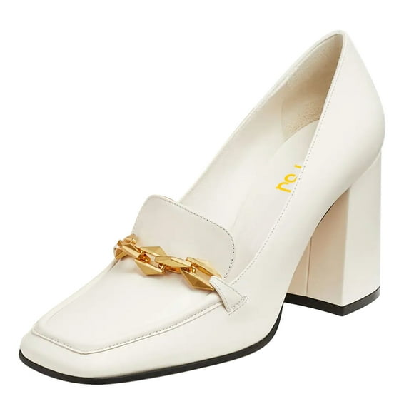 FSJ Women Dress Square Closed Toe Loafer Shoes Comfort Chunky High Heeled Pumps with Chain Decor Soft Color All Seasons for Lady