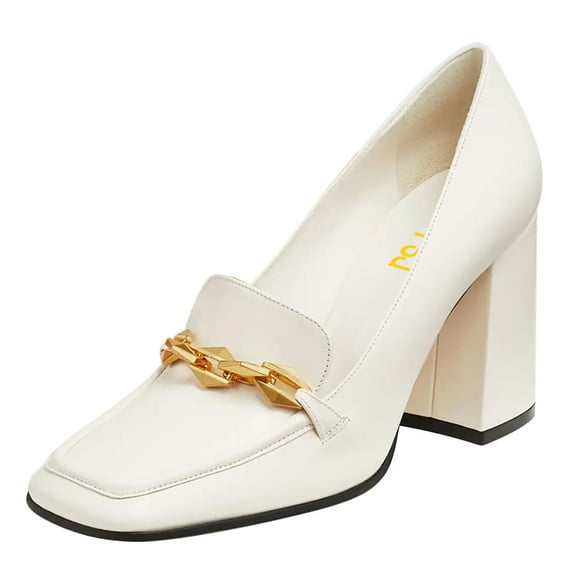 FSJ Women Dress Square Closed Toe Loafer Shoes Comfort Chunky High Heeled Pumps with Chain Decor Soft Color All Seasons for Lady