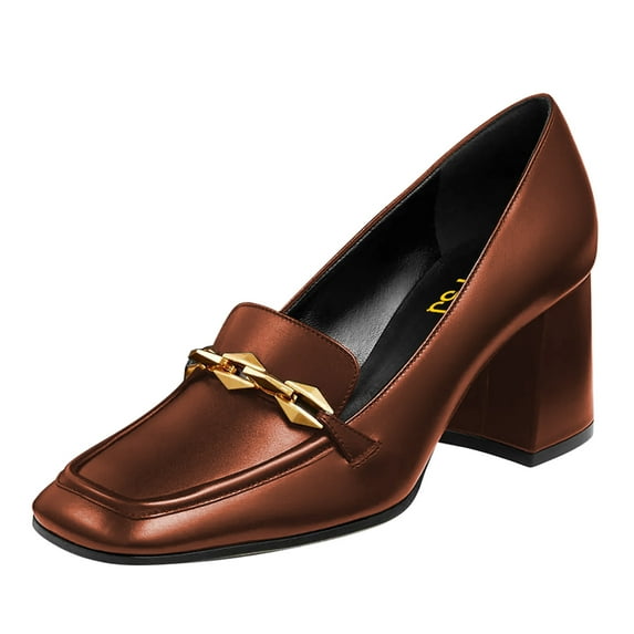 FSJ Women Dress Square Closed Toe Loafer Shoes Comfort Chunky High Heeled Pumps with Chain Decor Soft Color All Seasons for Lady