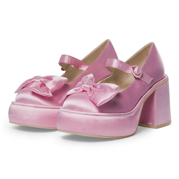 FSJ Women Elegant Bowknot Mary Jane Pumps Platform High Chunky Block Heels Adjustable Strap Buckle Dressy Party Club Shoes Size 16 Pink