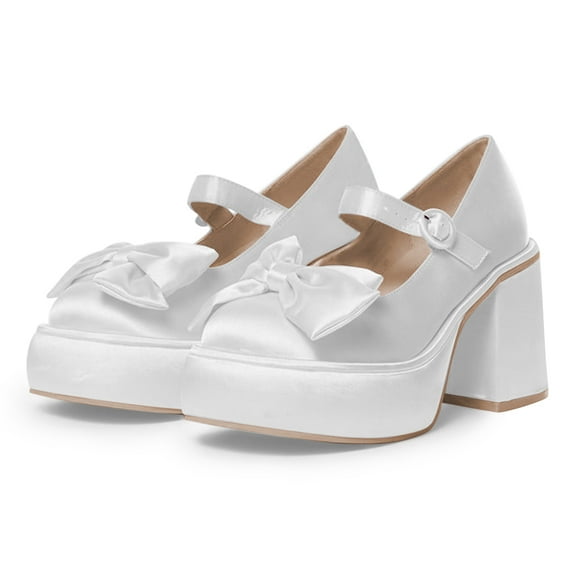 FSJ Women Elegant Bowknot Mary Jane Pumps Platform High Chunky Block Heels Adjustable Strap Buckle Dressy Party Club Shoes Size 5.5 White