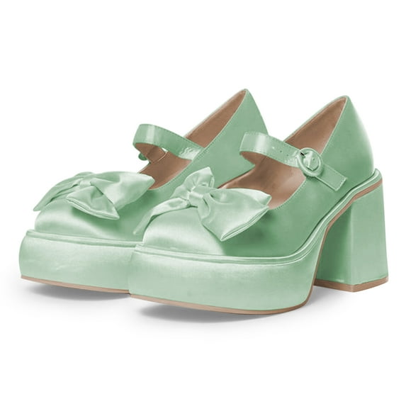 FSJ Women Elegant Bowknot Mary Jane Pumps Platform High Chunky Block Heels Adjustable Strap Buckle Dressy Party Club Shoes Size 8 Light Green