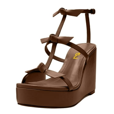 FSJ Women Elegant Bowknot Platform Wedge High Heels Sandals Open Toe Gladiator T-strap Summer Walking Dressy Shoes Size 11 Chocolate