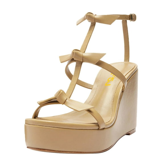 FSJ Women Elegant Bowknot Platform Wedge High Heels Sandals Open Toe Gladiator T-strap Summer Walking Dressy Shoes Size 8 Wheat
