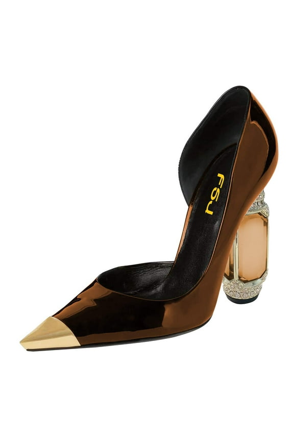 Women Elegant Cap Pointed Closed Toe D'Orsay Rhinestone Chunky High Heels Slip On Pumps Wedding Dress Slide Shoes Size 10 Brown