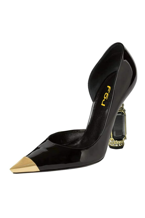 Women Elegant Cap Pointed Closed Toe D'Orsay Rhinestone Chunky High Heels Slip On Pumps Wedding Dress Slide Shoes Size 16 Black