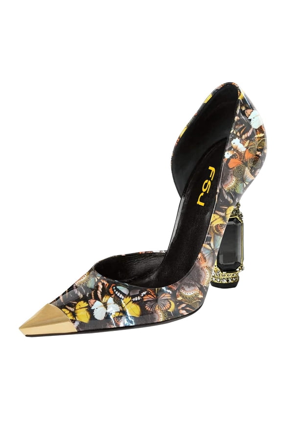 Women Elegant Cap Pointed Closed Toe D'Orsay Rhinestone Chunky High Heels Slip On Pumps Wedding Dress Slide Shoes Size 4 Butterfly
