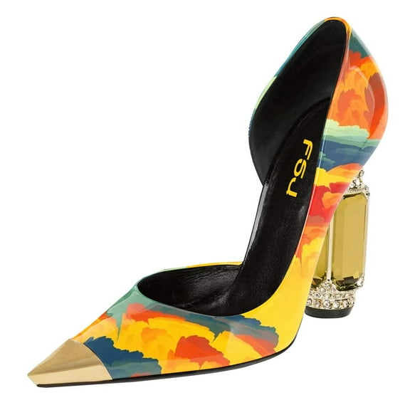 FSJ Women Elegant Cap Pointed Closed Toe D'Orsay Rhinestone Chunky High Heels Slip On Pumps Wedding Dress Slide Shoes Size 7.5 Sunset Glow