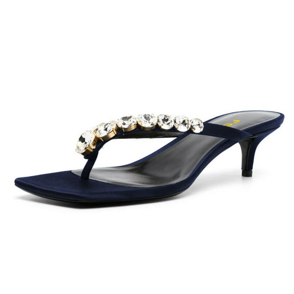 FSJ Women Elegant Crystal Square Open Toe Kitten Heel Flip Flops Slip On Low Heeled Thong Sandals Evening Dress Mule Shoes Size 10 Navy