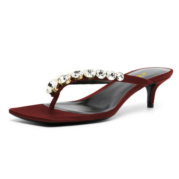 FSJ Women Elegant Crystal Square Open Toe Kitten Heel Flip Flops Slip On Low Heeled Thong Sandals Evening Dress Mule Shoes Size 7.5 Red