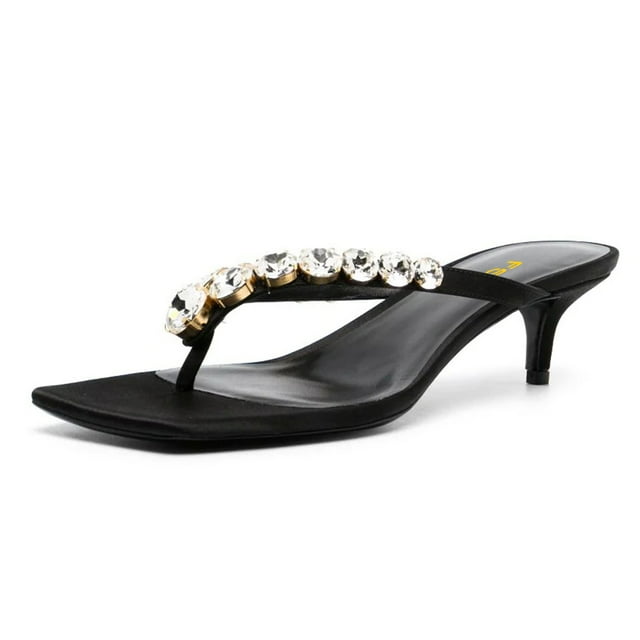 FSJ Women Elegant Crystal Square Open Toe Kitten Heel Flip Flops Slip On Low Heeled Thong Sandals Evening Dress Mule Shoes Size 8 Black