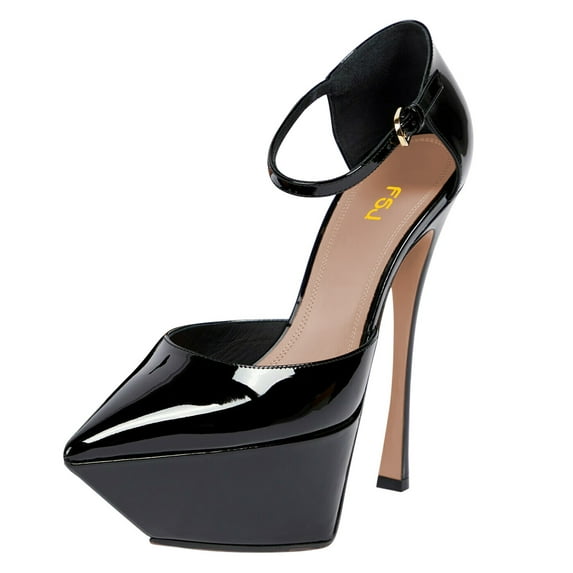 FSJ Women Elegant High Platform Buckle Ankle Strap Pumps Pointed Closed Toe Stiletto High Heel Sexy Party Wedding Dress Shoes Size 6 Black