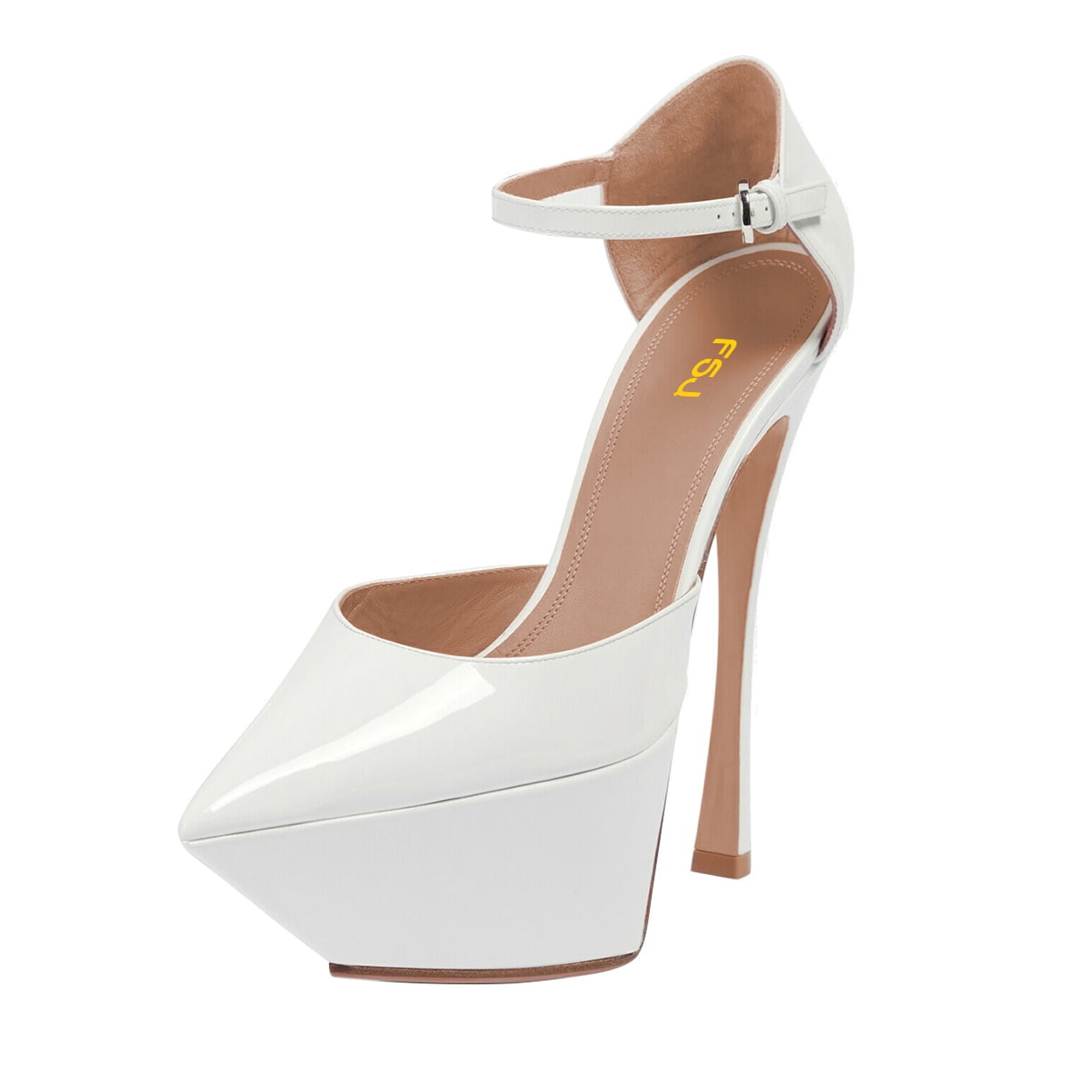 FSJ Women Elegant High Platform Buckle Ankle Strap Pumps Pointed Closed ...