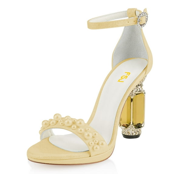 FSJ Women Elegant Pearls Open Toe Rhinestone Platform Sandals Ankle Buckle Strap Crystal Block Chunky Heels Wedding Party Shoes Size 8 Yellow