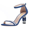 thumbnail image 1 of FSJ Women Elegant Pearls Single Strap Crystal Block Heels Sandals Round Open Toe Ankle Buckle Strap Sandals Sexy Wedding Evening Shoes Size 8 Blue, 1 of 5