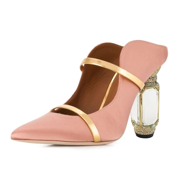 FSJ Women Elegant Pointed Closed Toe Mules Chic Crystal Chunky High Heels Sandals Pumps Slip On Two Strap Backless Casual Dressy Shoes Size 11 Pink