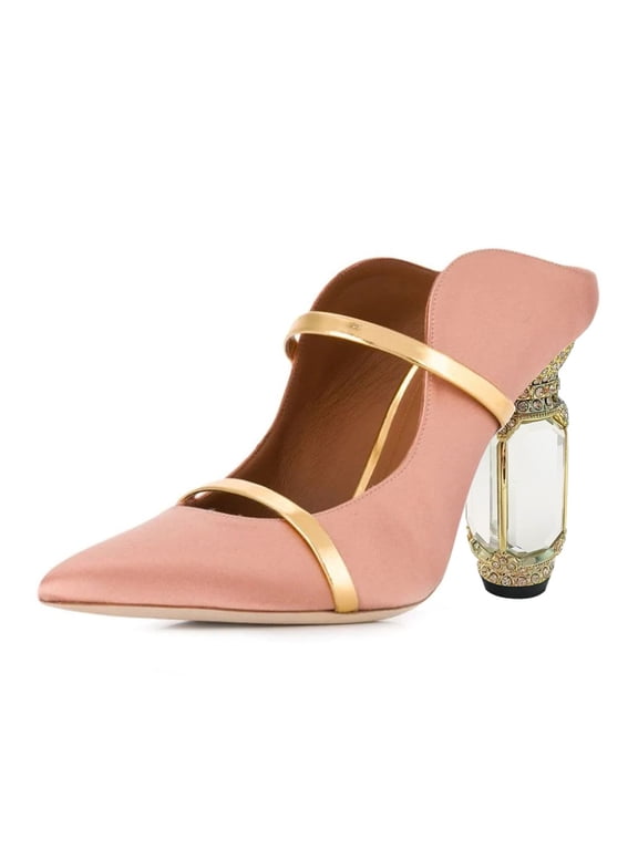 Women Elegant Pointed Closed Toe Mules Chic Crystal Chunky High Heels Sandals Pumps Slip On Two Strap Backless Casual Dressy Shoes Size 4 Pink