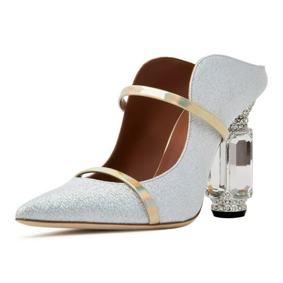 FSJ Women Elegant Pointed Closed Toe Mules Chic Crystal Chunky High Heels Sandals Pumps Slip On Two Strap Backless Casual Dressy Shoes Size 6 Silver
