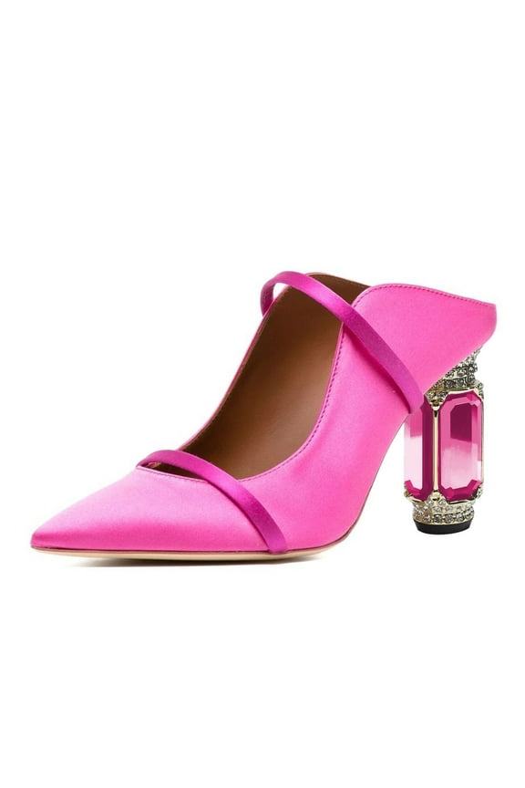 Women Elegant Pointed Closed Toe Mules Chic Crystal Chunky High Heels Sandals Pumps Slip On Two Strap Backless Casual Dressy Shoes Size 8 Fuchsia