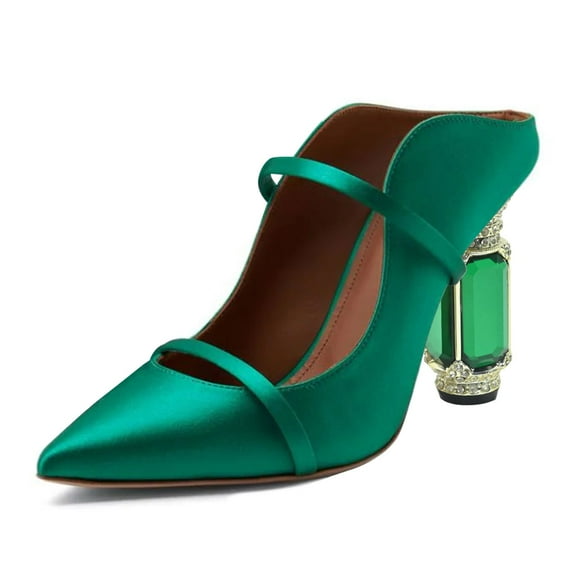 FSJ Women Elegant Pointed Closed Toe Mules Chic Crystal Chunky High Heels Sandals Pumps Slip On Two Strap Backless Casual Dressy Shoes Size 12 Emerald
