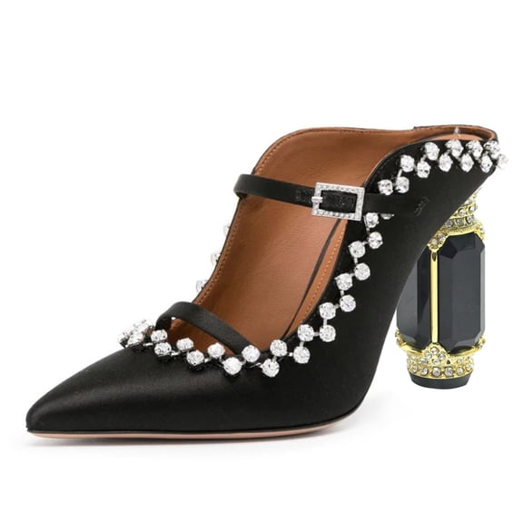 FSJ Women Elegant Pointed Closed Toe Mules Chic Crystal Chunky High Heels Sandals Pumps Slip On Two Strap Backless Casual Dressy Shoes Size 4 Black Rhinestone