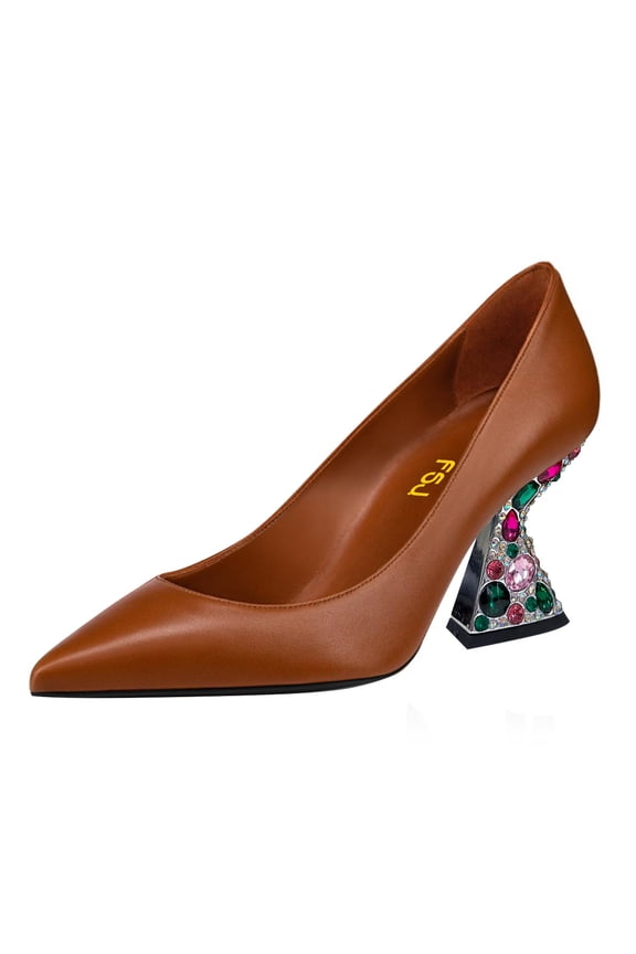 Women Elegant Pointed Closed Toe Slip On Pumps Chic Gemstone Chunky Block Heel Bridal Party Wedding Dressy Shoes Size 10 Brown