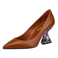 thumbnail image 1 of FSJ Women Elegant Pointed Closed Toe Slip On Pumps Chic Gemstone Chunky Block Heel Bridal Party Wedding Dressy Shoes Size 11 Brown, 1 of 4