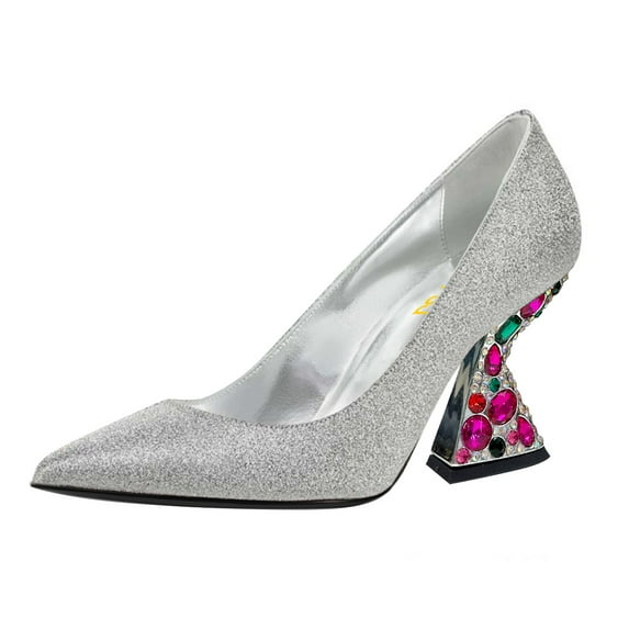 FSJ Women Elegant Pointed Closed Toe Slip On Pumps Chic Gemstone Chunky Block Heel Bridal Party Wedding Dressy Shoes Size 11 Silver Glitter