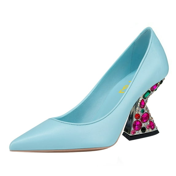 FSJ Women Elegant Pointed Closed Toe Slip On Pumps Chic Gemstone Chunky Block Heel Bridal Party Wedding Dressy Shoes Size 14 Blue