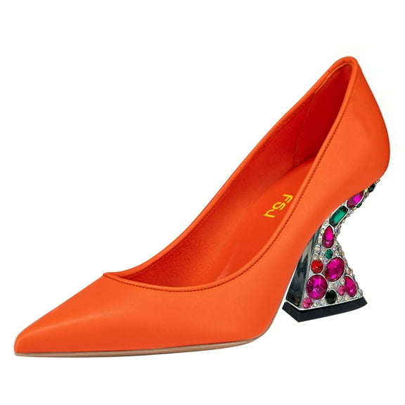 FSJ Women Elegant Pointed Closed Toe Slip On Pumps Chic Gemstone Chunky Block Heel Bridal Party Wedding Dressy Shoes Size 6 Orange