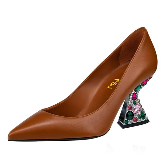 FSJ Women Elegant Pointed Closed Toe Slip On Pumps Chic Gemstone Chunky Block Heel Bridal Party Wedding Dressy Shoes Size 7 Brown