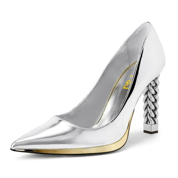 FSJ Women Elegant Pointed Closed Toe Slip On Pumps Golden Metal Chain Chunky High Heels Party Wedding Dressy Shoes Size 10.5 Silver