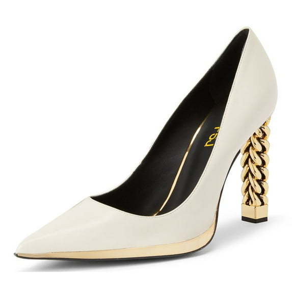 FSJ Women Elegant Pointed Closed Toe Slip On Pumps Golden Metal Chain Chunky High Heels Party Wedding Dressy Shoes Size 12 White