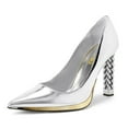 thumbnail image 1 of FSJ Women Elegant Pointed Closed Toe Slip On Pumps Golden Metal Chain Chunky High Heels Party Wedding Dressy Shoes Size 14 Silver, 1 of 5