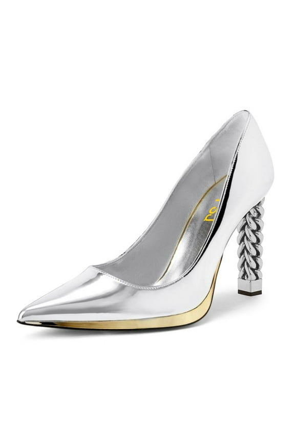 Women Elegant Pointed Closed Toe Slip On Pumps Golden Metal Chain Chunky High Heels Party Wedding Dressy Shoes Size 16 Silver