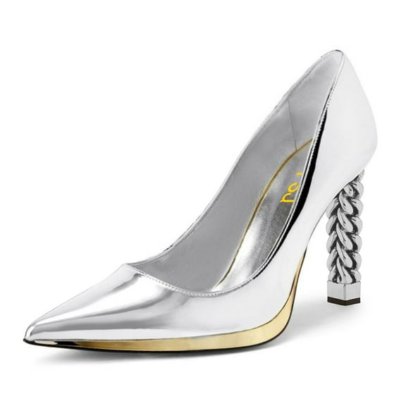 FSJ Women Elegant Pointed Closed Toe Slip On Pumps Golden Metal Chain Chunky High Heels Party Wedding Dressy Shoes Size 5.5 Silver