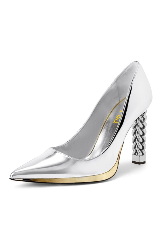 Women Elegant Pointed Closed Toe Slip On Pumps Golden Metal Chain Chunky High Heels Party Wedding Dressy Shoes Size 6 Silver