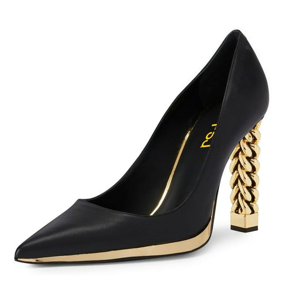 FSJ Women Elegant Pointed Closed Toe Slip On Pumps Golden Metal Chain Chunky High Heels Party Wedding Dressy Shoes Size 8.5 Black Matte