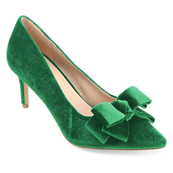FSJ Women Elegant Pointed Toe Bowknot Pumps Slip on Mid Kitten Heels Comfortable Date Dressy Velvet Shoes Size 10.5 Green