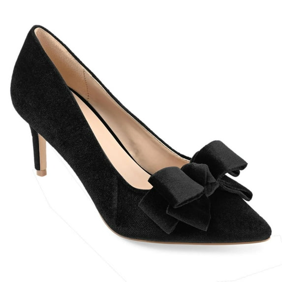 FSJ Women Elegant Pointed Toe Bowknot Pumps Slip on Mid Kitten Heels Comfortable Date Dressy Velvet Shoes Size 16 Black