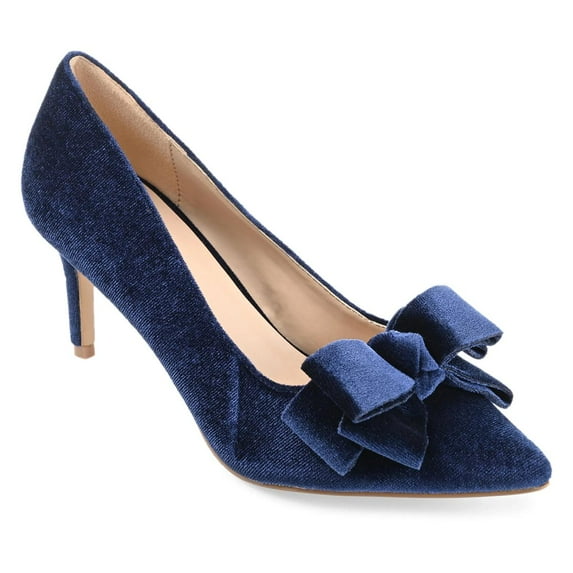 FSJ Women Elegant Pointed Toe Bowknot Pumps Slip on Mid Kitten Heels Comfortable Date Dressy Velvet Shoes Size 4 Blue