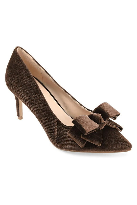 Women Elegant Pointed Toe Bowknot Pumps Slip on Mid Kitten Heels Comfortable Date Dressy Velvet Shoes Size 9.5 Brown