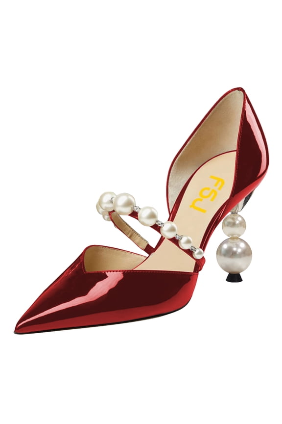 Women Elegant Pointy Close Toe Beaded High Heel Pumps Pearls Strappy D'Orsay Pumps Church Party Wedding Dress Shoes Size 7.5 Red