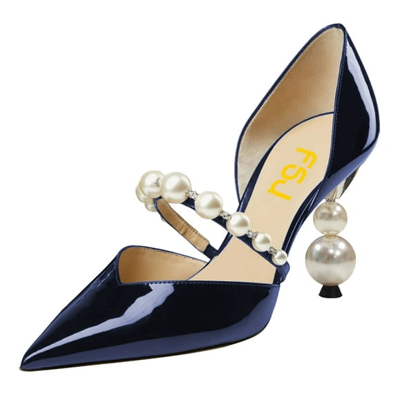 FSJ Women Elegant Pointy Close Toe Beaded High Heel Pumps Pearls Strappy D'Orsay Pumps Church Party Wedding Dress Shoes Size 8 Navy