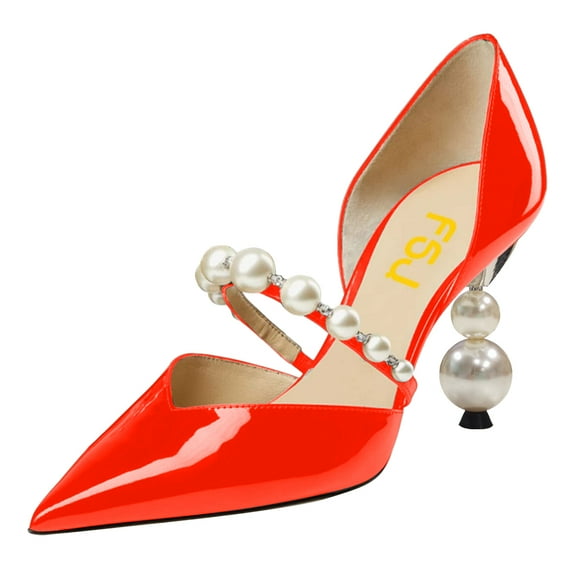 FSJ Women Elegant Pointy Close Toe Beaded High Heel Pumps Pearls Strappy D'Orsay Pumps Church Party Wedding Dress Shoes Size 8 Orange