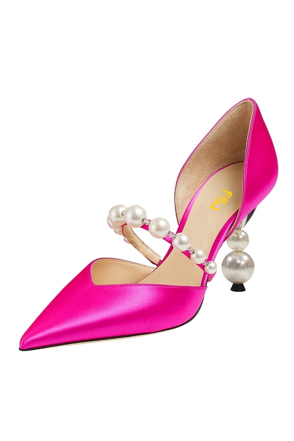 Women Elegant Pointy Close Toe Beaded High Heel Pumps Pearls Strappy D'Orsay Pumps Church Party Wedding Dress Shoes Size 9 Pink